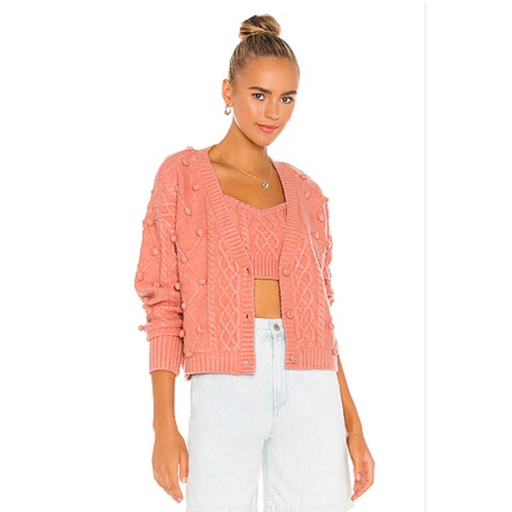 For Love &‎ Lemons Florentina Cardigan Sweater Set Pink Soft Cozy Pom Pom Sz S